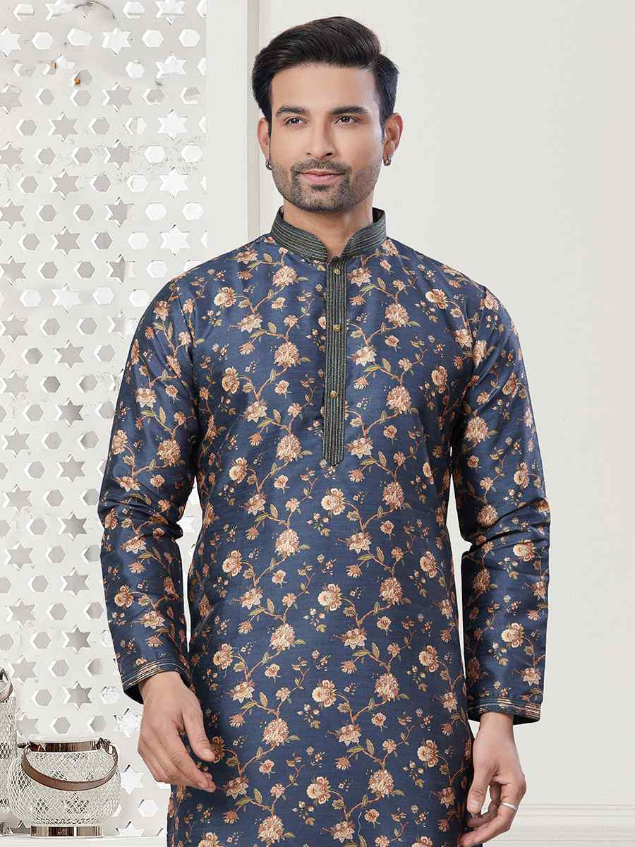 Dark Blue Jecquard Silk With Digital Print Festival Casual Kurta
