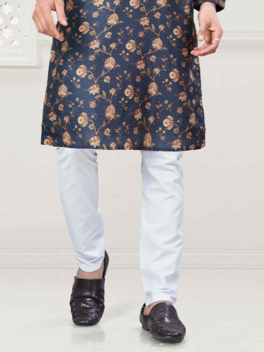 Dark Blue Jecquard Silk With Digital Print Festival Casual Kurta