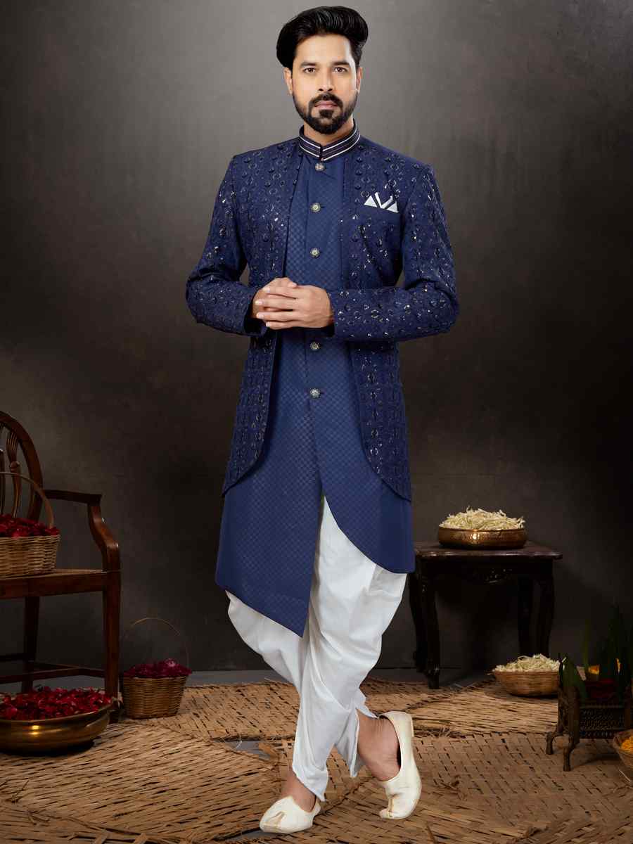 Dark Blue Lucknowi Jacquard Cross Silk Embroidered Festival Wedding Sherwani