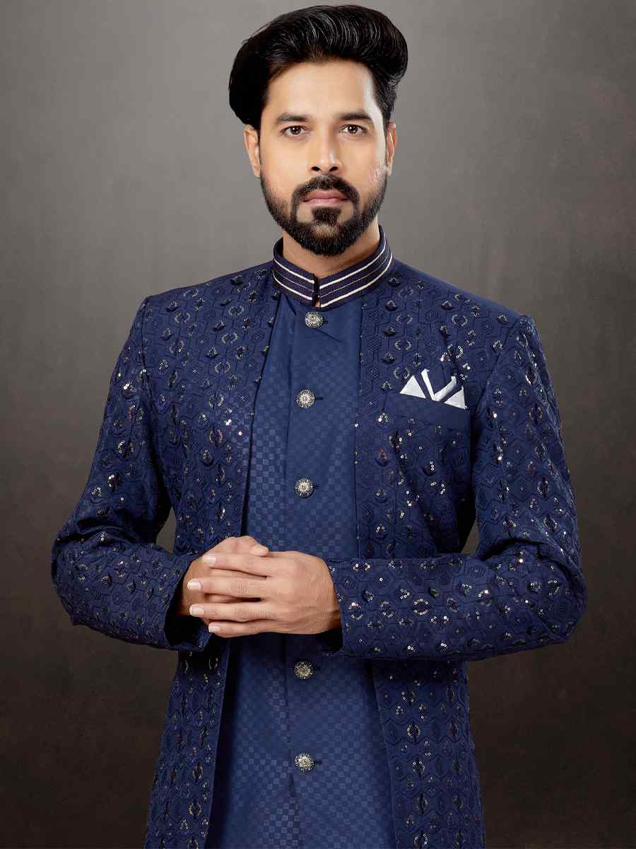Dark Blue Lucknowi Jacquard Cross Silk Embroidered Festival Wedding Sherwani