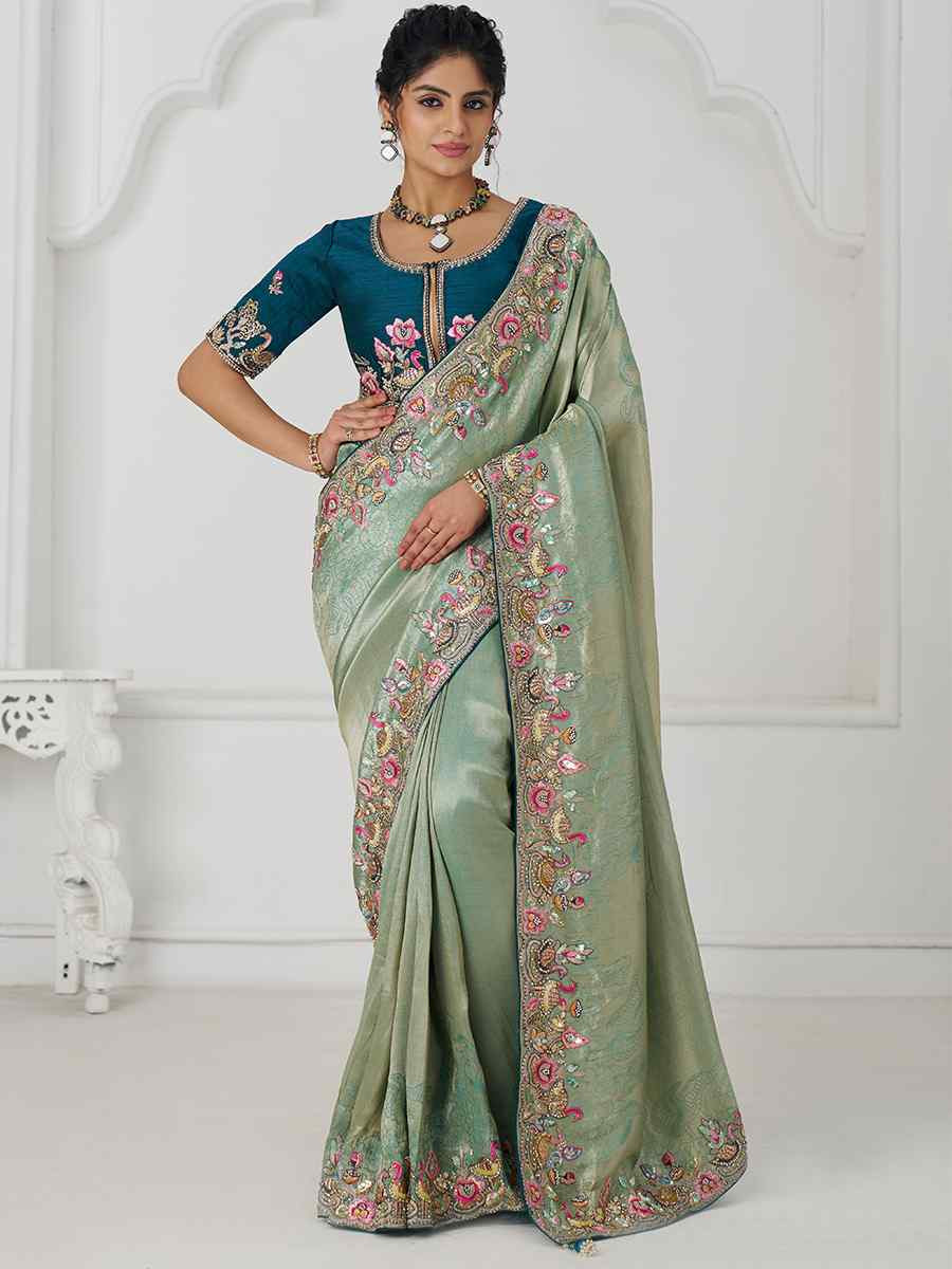 Dark Blue Pure Dola Viscouse Silk Embroidered Festival Wedding Fancy Heavy Border Saree