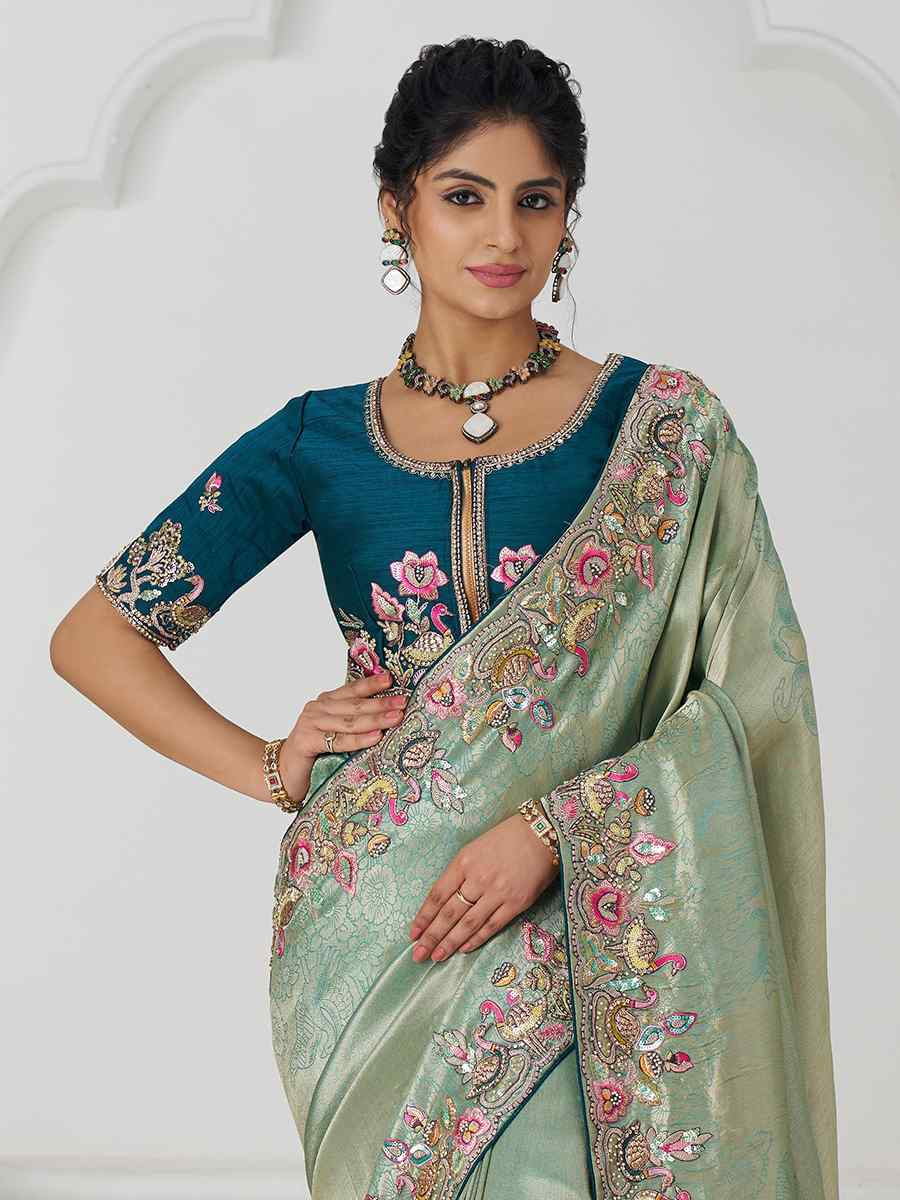 Dark Blue Pure Dola Viscouse Silk Embroidered Festival Wedding Fancy Heavy Border Saree