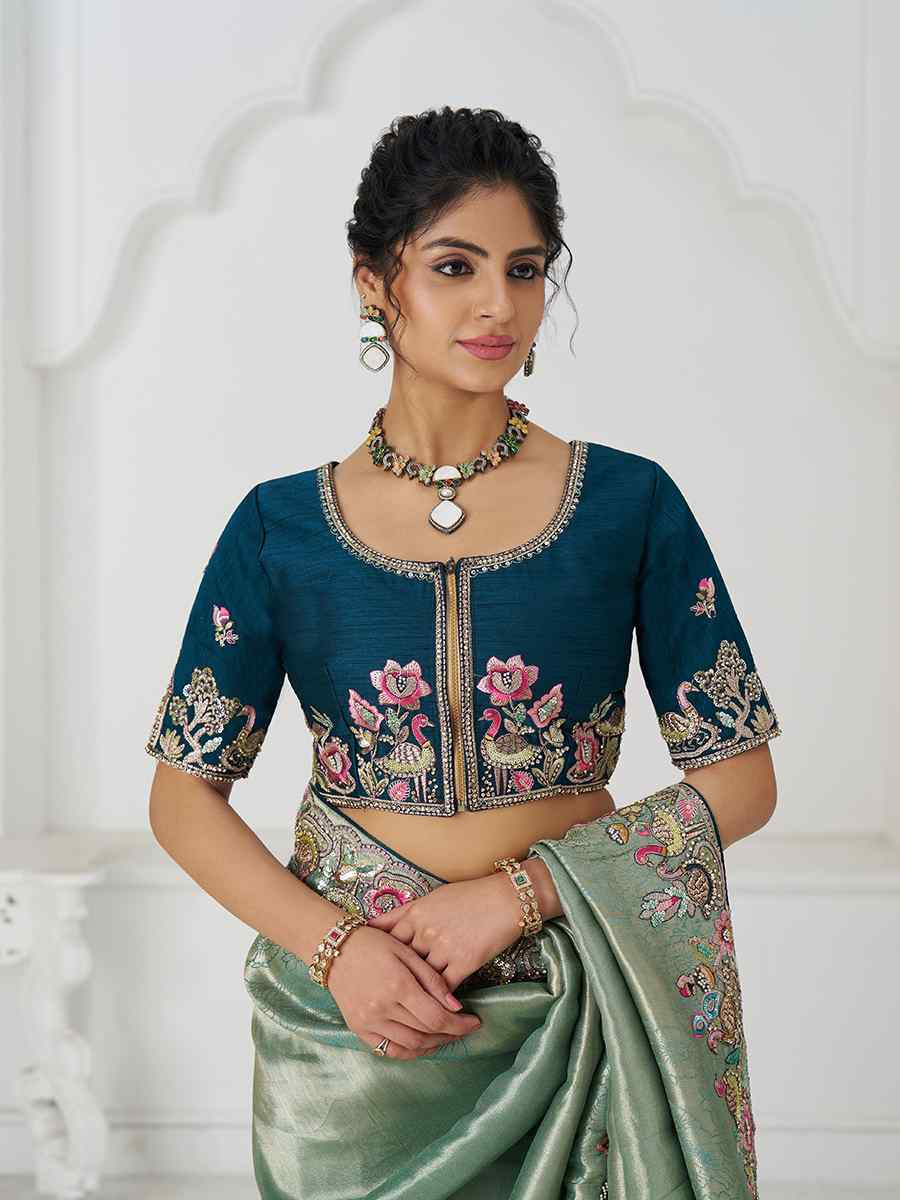 Dark Blue Pure Dola Viscouse Silk Embroidered Festival Wedding Fancy Heavy Border Saree