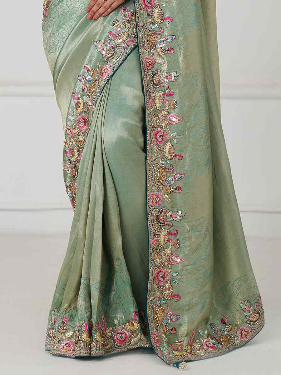 Dark Blue Pure Dola Viscouse Silk Embroidered Festival Wedding Fancy Heavy Border Saree