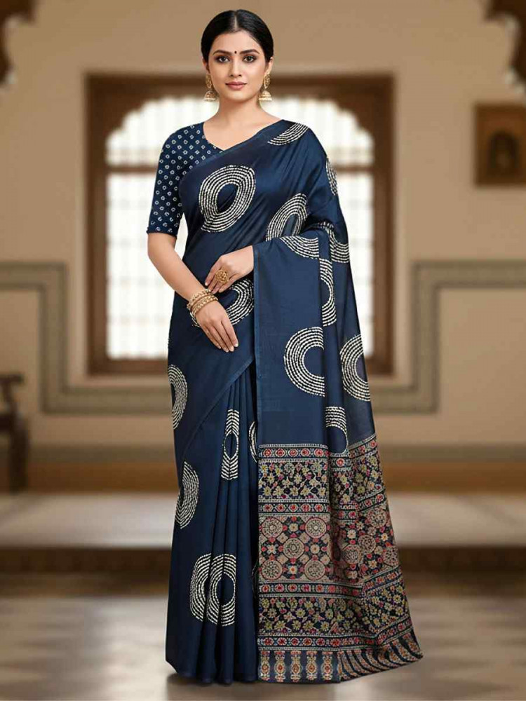 Image of Dark Blue Pure Mul Cotton Bhandej Printed Traditional Bridal Reception Festival Wedding Fancy Heavy Border Saree