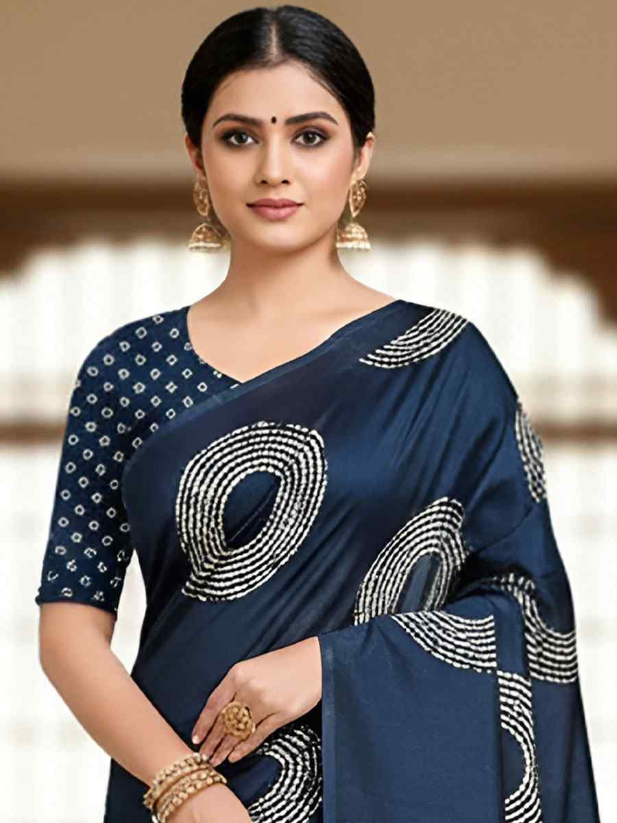 Dark Blue Pure Mul Cotton Bhandej Printed Traditional Bridal Reception Festival Wedding Fancy Heavy Border Saree