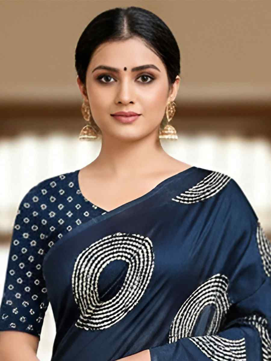 Dark Blue Pure Mul Cotton Bhandej Printed Traditional Bridal Reception Festival Wedding Fancy Heavy Border Saree