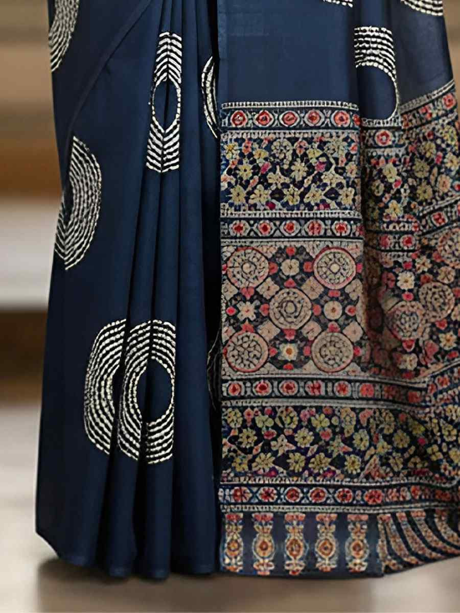 Dark Blue Pure Mul Cotton Bhandej Printed Traditional Bridal Reception Festival Wedding Fancy Heavy Border Saree