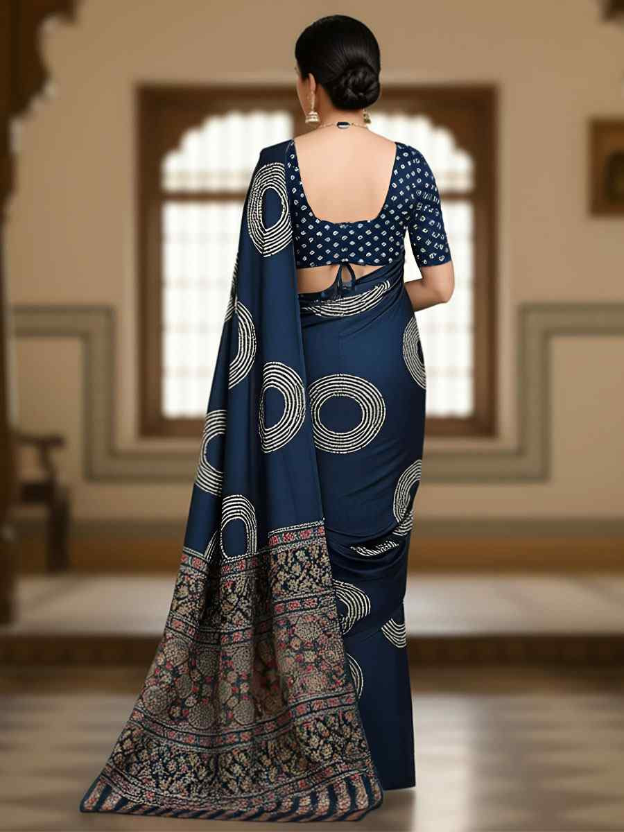 Dark Blue Pure Mul Cotton Bhandej Printed Traditional Bridal Reception Festival Wedding Fancy Heavy Border Saree