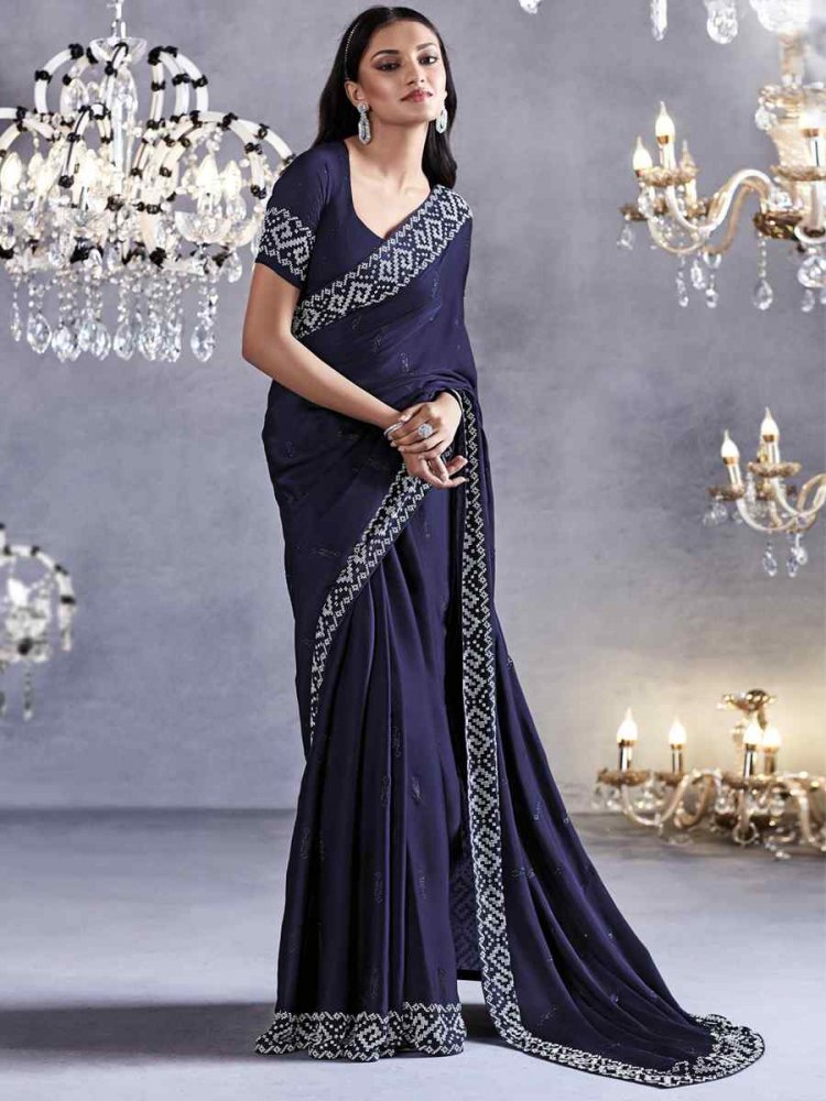Dark Blue Pure Satin Silk Embroidered Wedding Party Heavy Border Saree