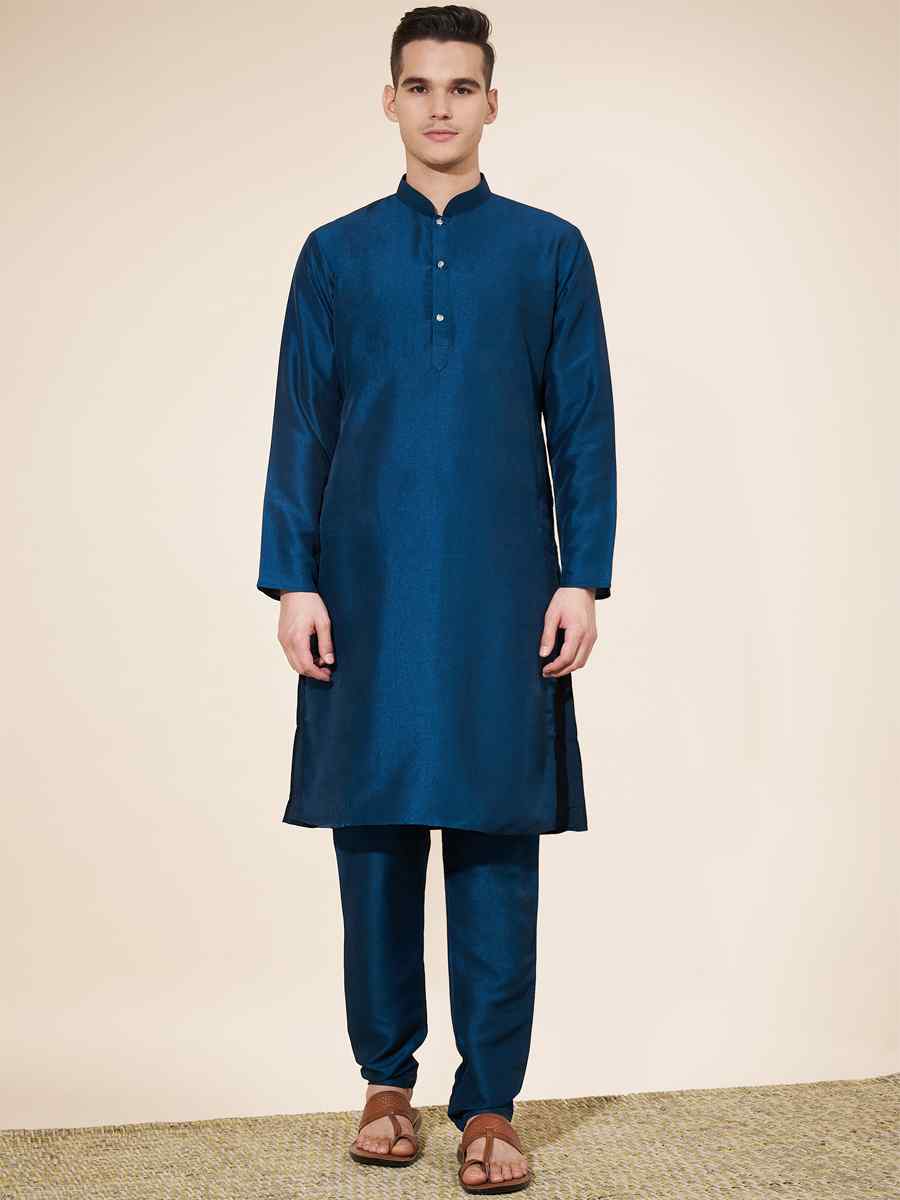 Dark Blue Pure Silk Plain Festival Casual Kurta
