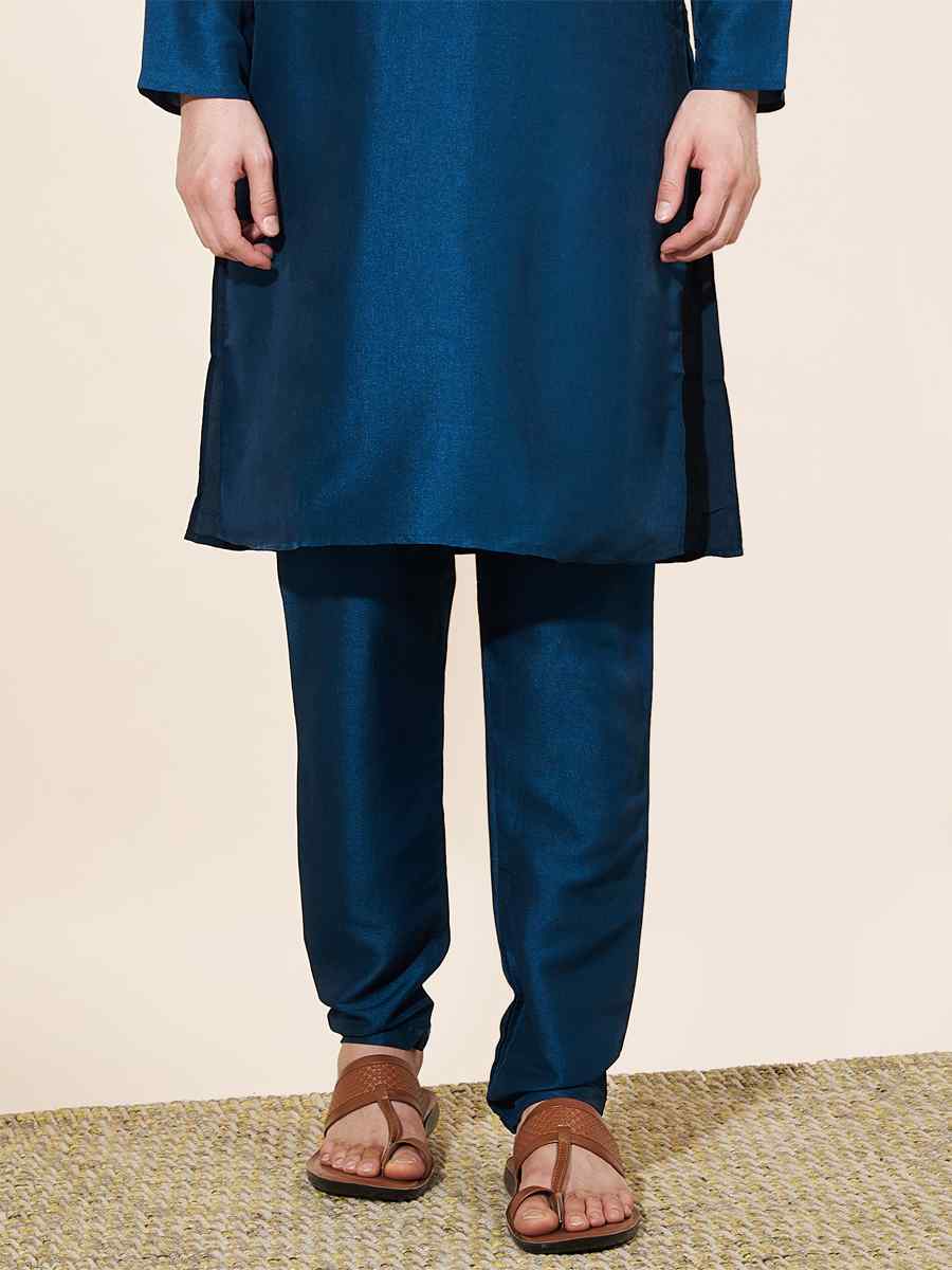 Dark Blue Pure Silk Plain Festival Casual Kurta