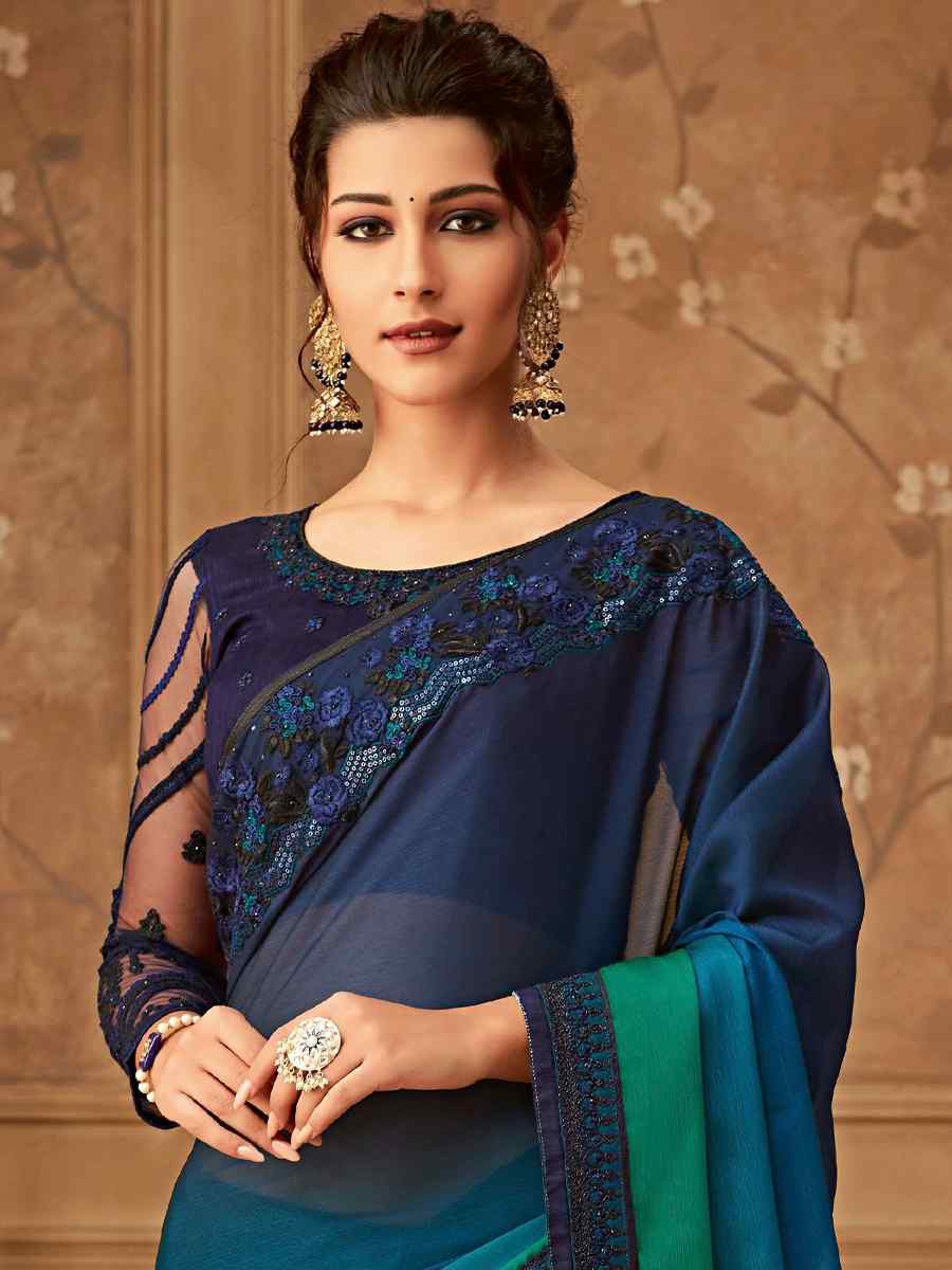 Dark Blue Silk Chiffon Embroidered Party Festival Classic Style Saree
