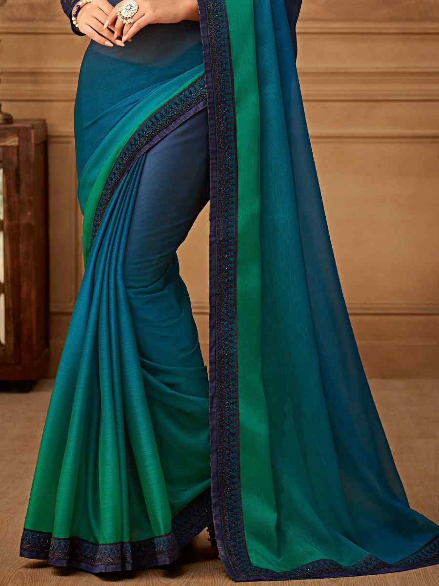 Dark Blue Silk Chiffon Embroidered Party Festival Classic Style Saree