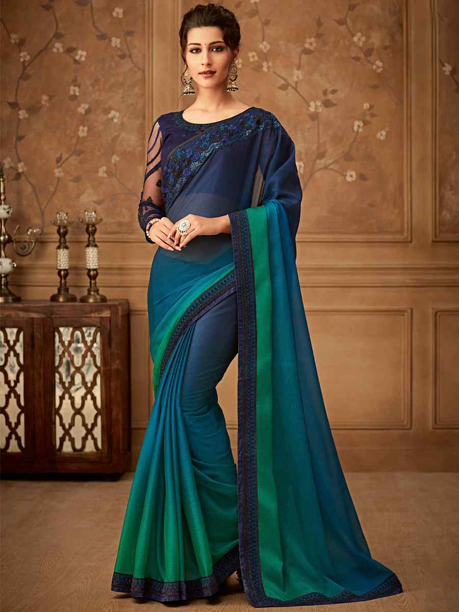 Dark Blue Silk Chiffon Embroidered Party Festival Classic Style Saree