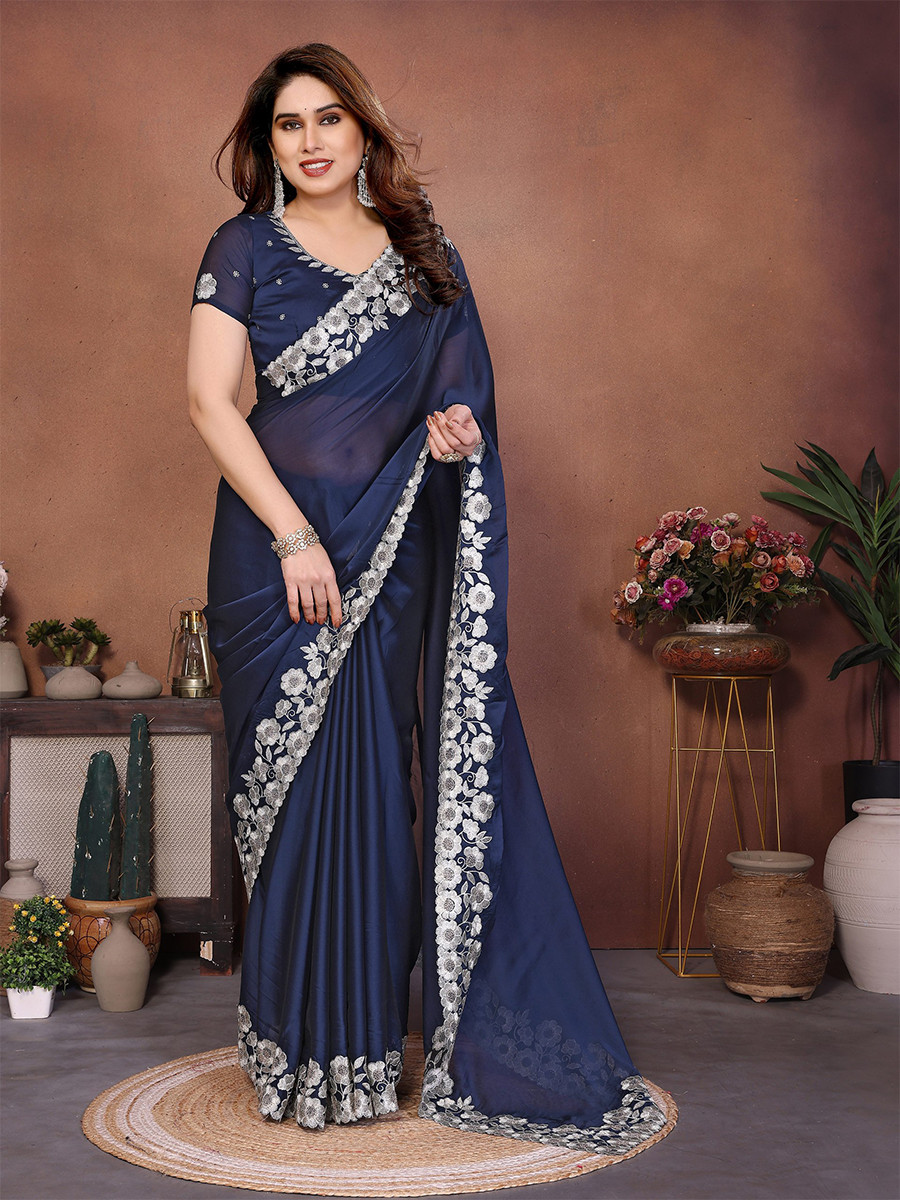 Dark Blue Silk Embroidery Wedding Festival Reception Party Wear Heavy Border Saree
