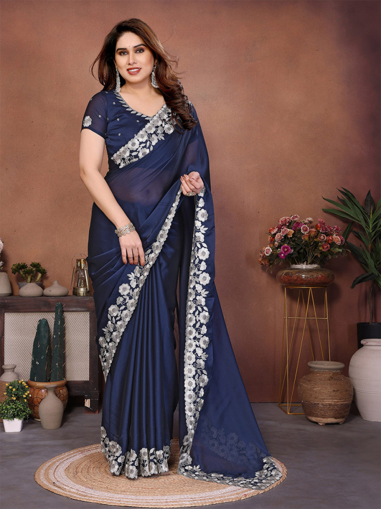 Image of Dark Blue Silk Embroidery Wedding Festival Reception Party Wear Heavy Border Saree