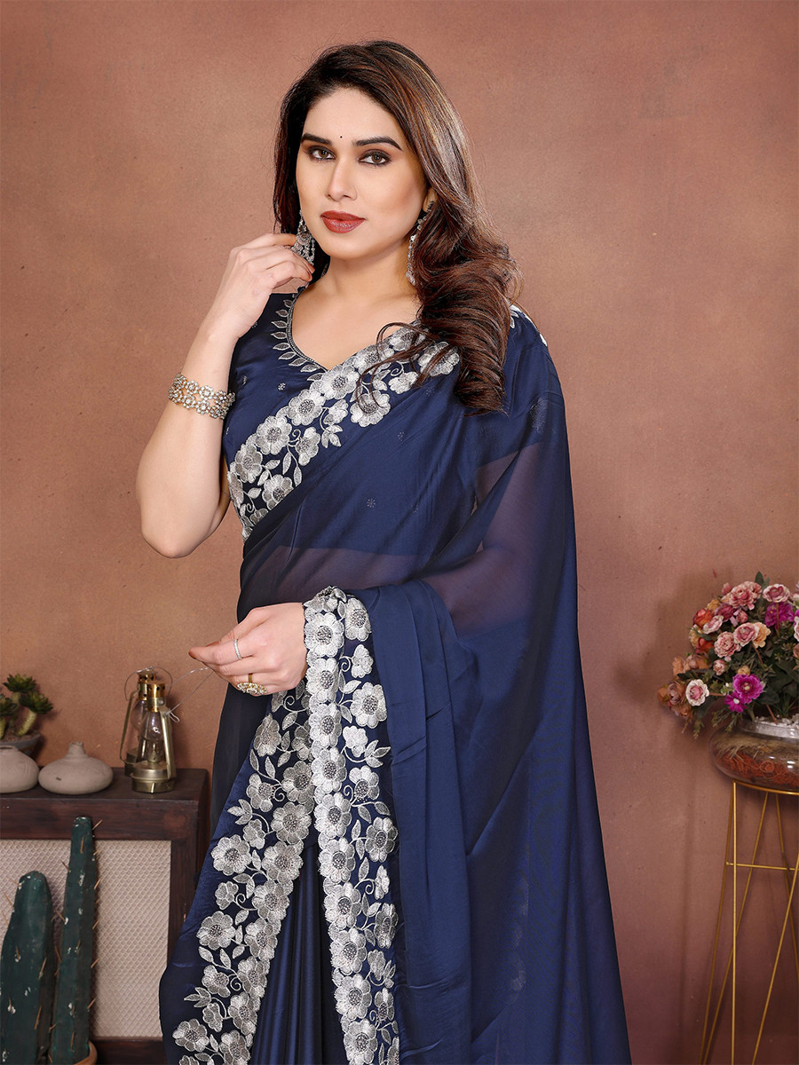 Dark Blue Silk Embroidery Wedding Festival Reception Party Wear Heavy Border Saree