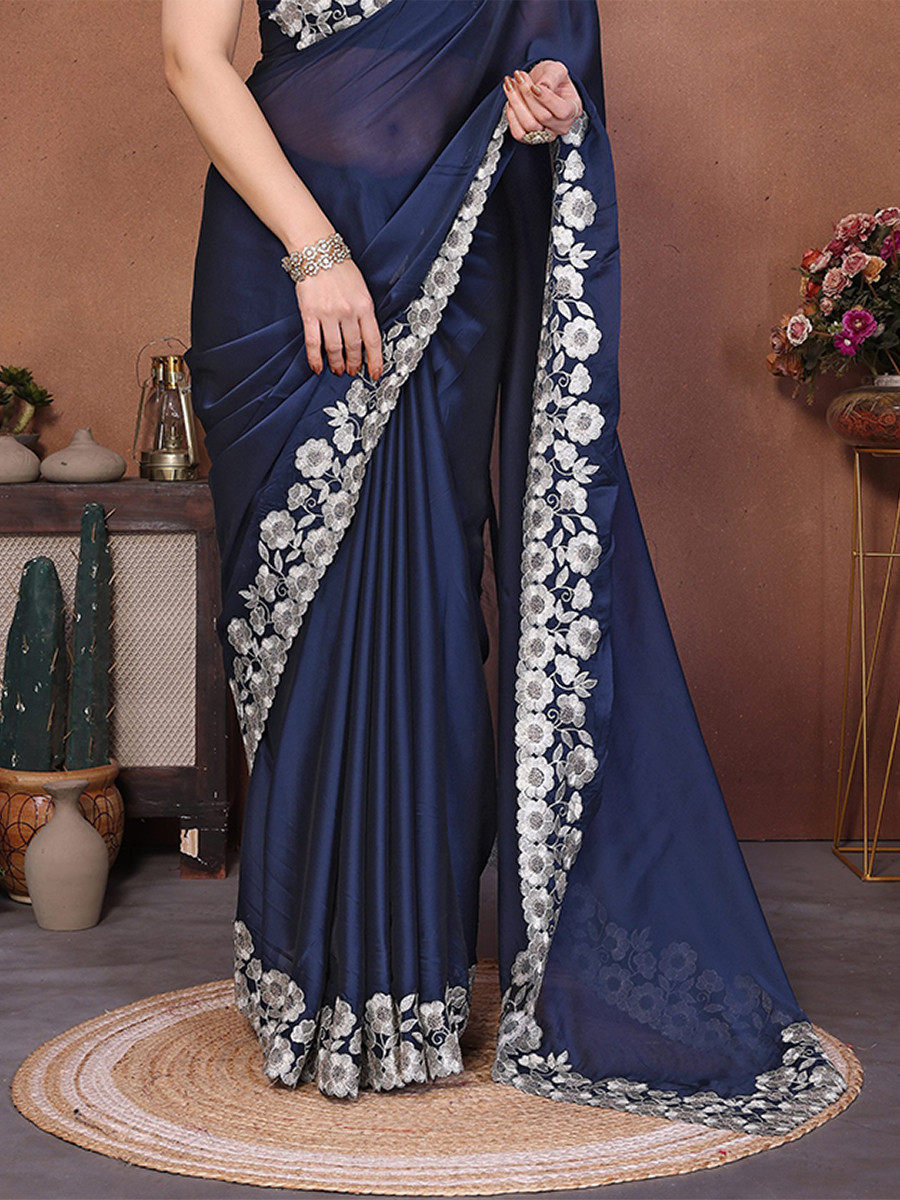 Dark Blue Silk Embroidery Wedding Festival Reception Party Wear Heavy Border Saree
