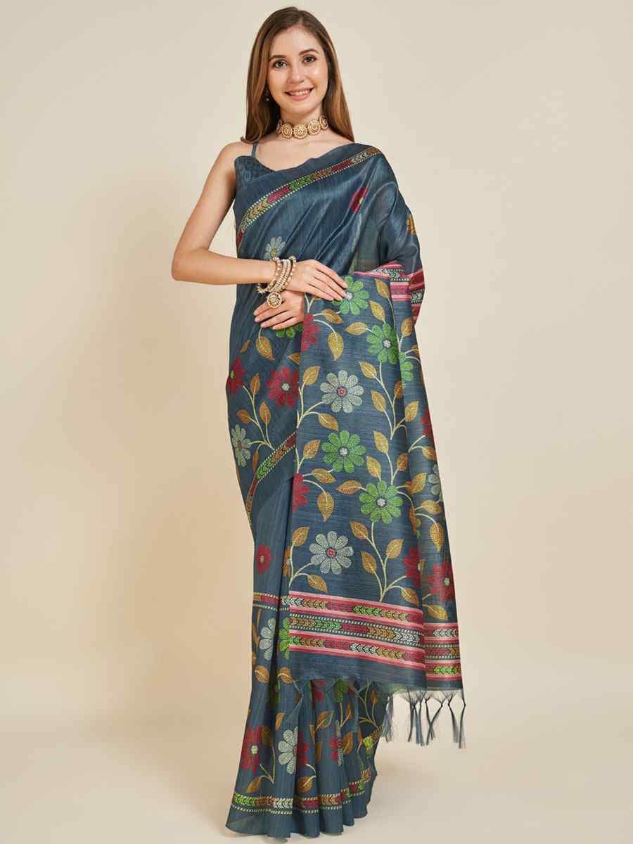 Dark Blue Sofi Silk Handwoven Casual Festival Classic Style Saree