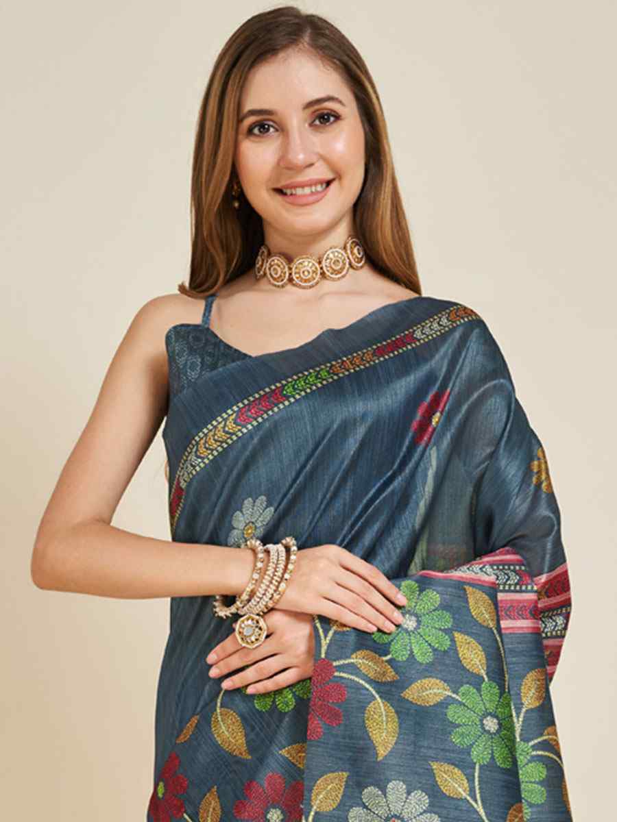 Dark Blue Sofi Silk Handwoven Casual Festival Classic Style Saree