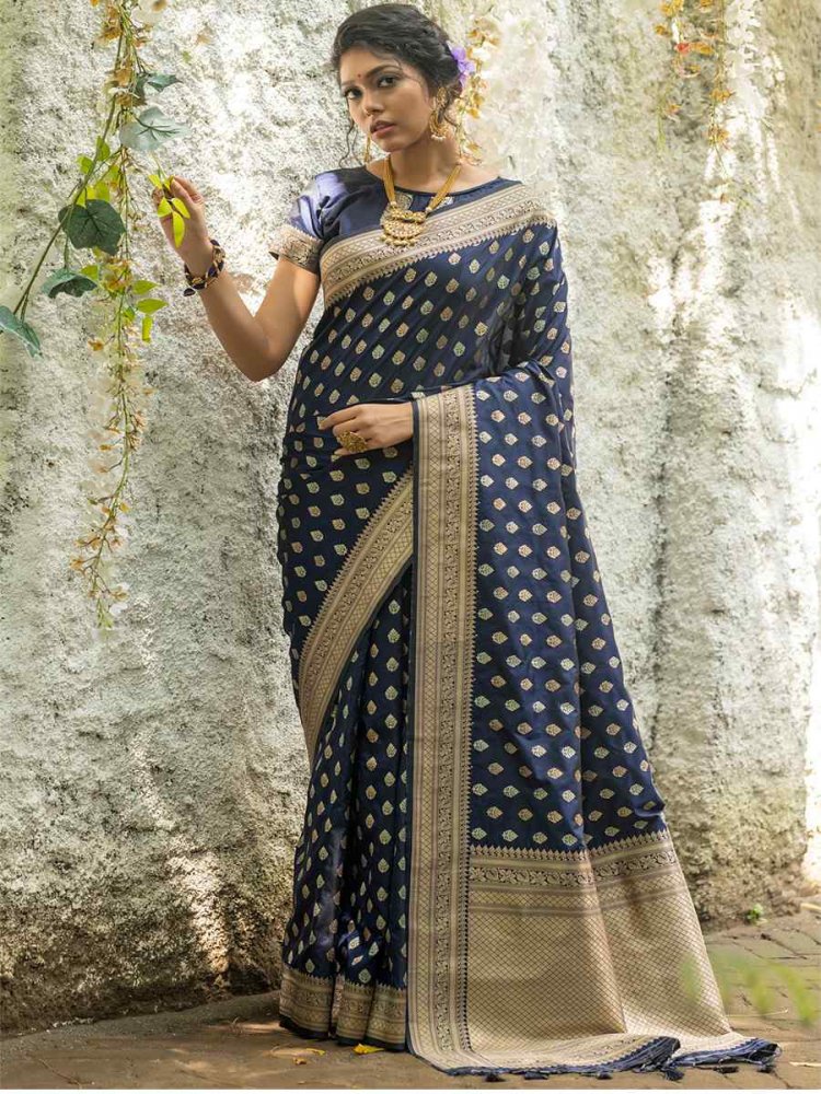 Dark Blue Soft Banarasi Silk Handwoven Wedding Festival Heavy Border Saree