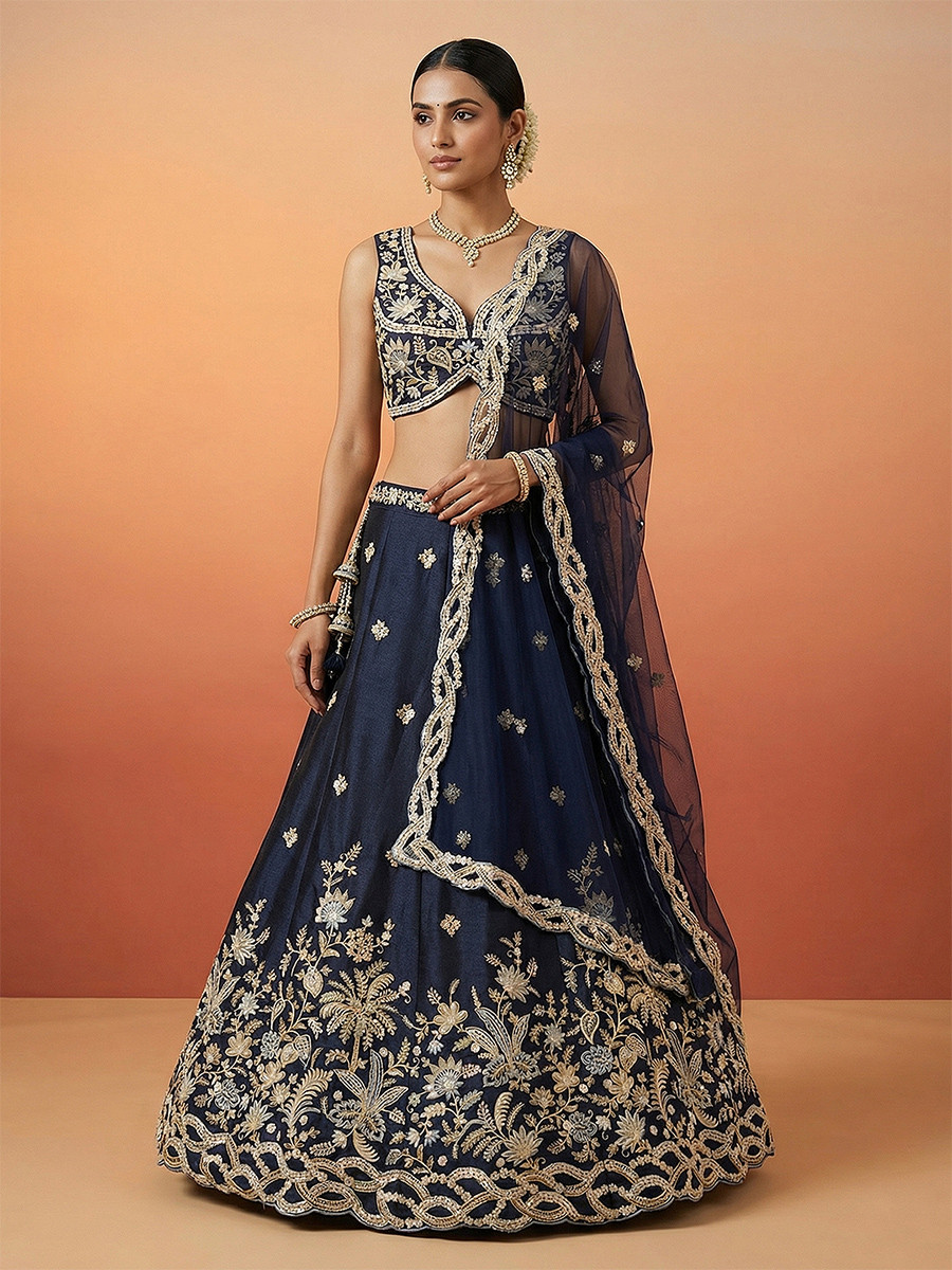 Dark Blue Tissue Embroidery Zari Sequins Wedding Reception Party Wear Festival Heavy Border Lehenga Choli