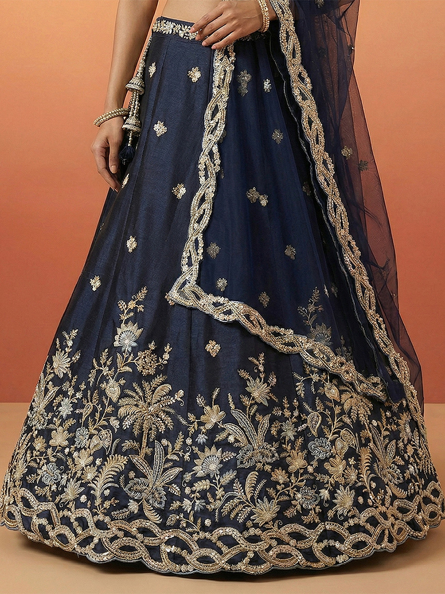 Dark Blue Tissue Embroidery Zari Sequins Wedding Reception Party Wear Festival Heavy Border Lehenga Choli