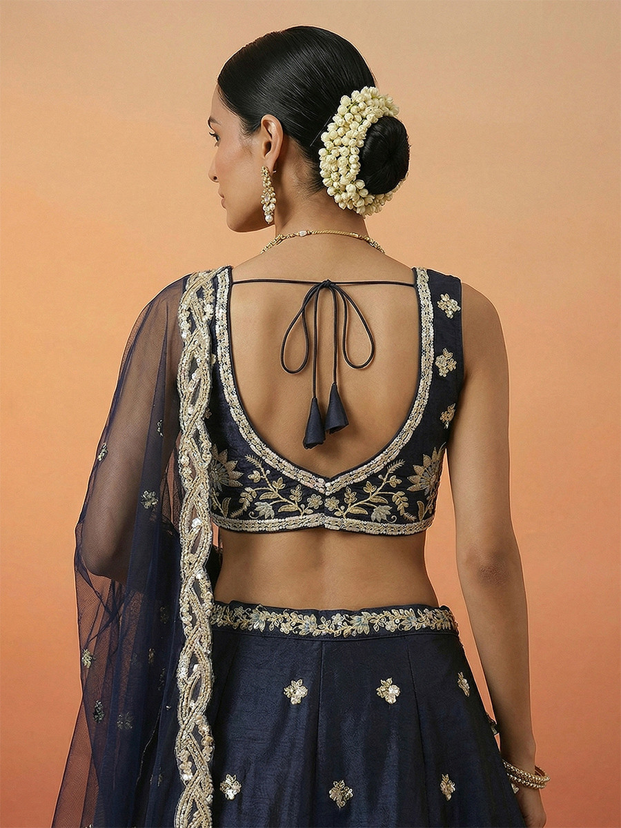 Dark Blue Tissue Embroidery Zari Sequins Wedding Reception Party Wear Festival Heavy Border Lehenga Choli
