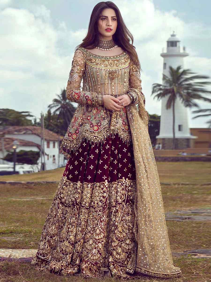 Dark Brown Butterfly Net Embroidered Engagement Party Kurti Lehenga Choli