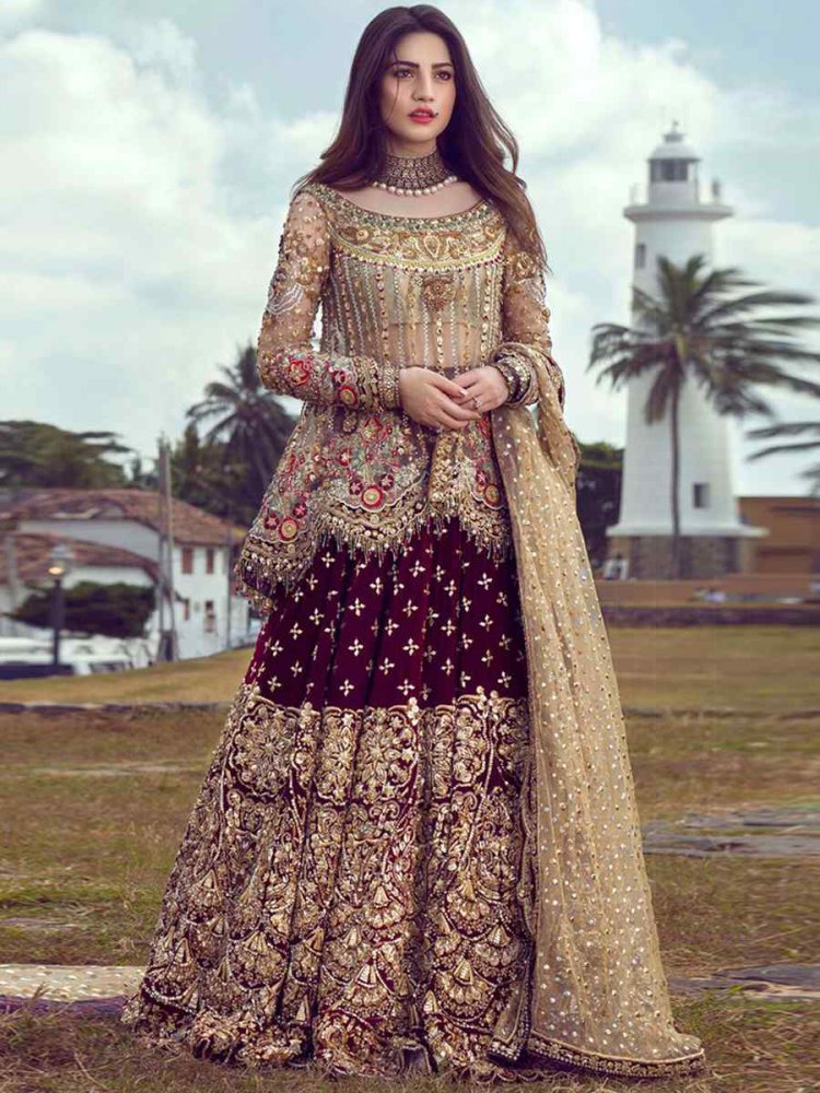 Dark Brown Butterfly Net Embroidered Engagement Party Kurti Lehenga Choli