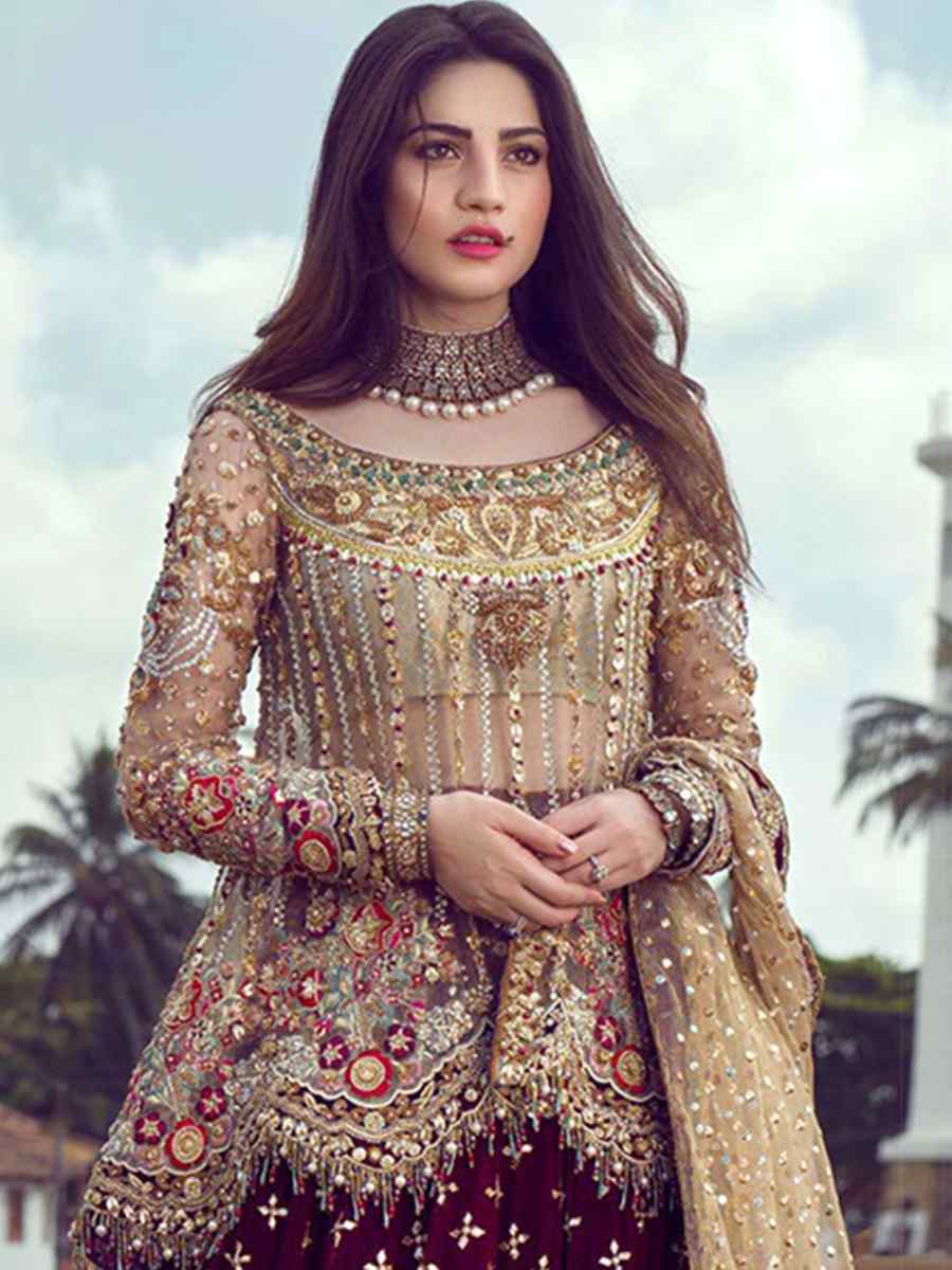 Dark Brown Butterfly Net Embroidered Engagement Party Kurti Lehenga Choli