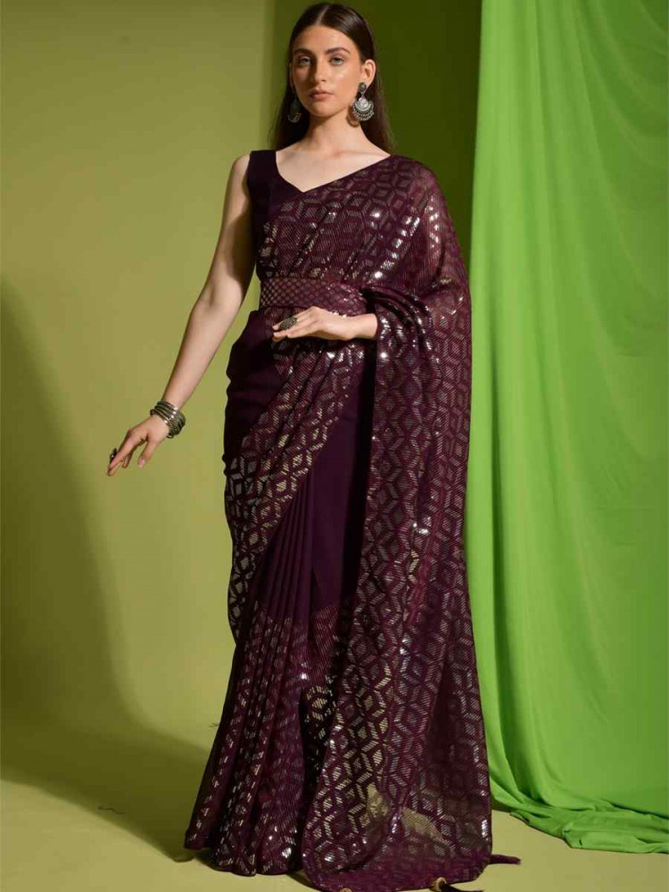 Dark Brown Georgette Sequins Party Festival Classic Style Saree