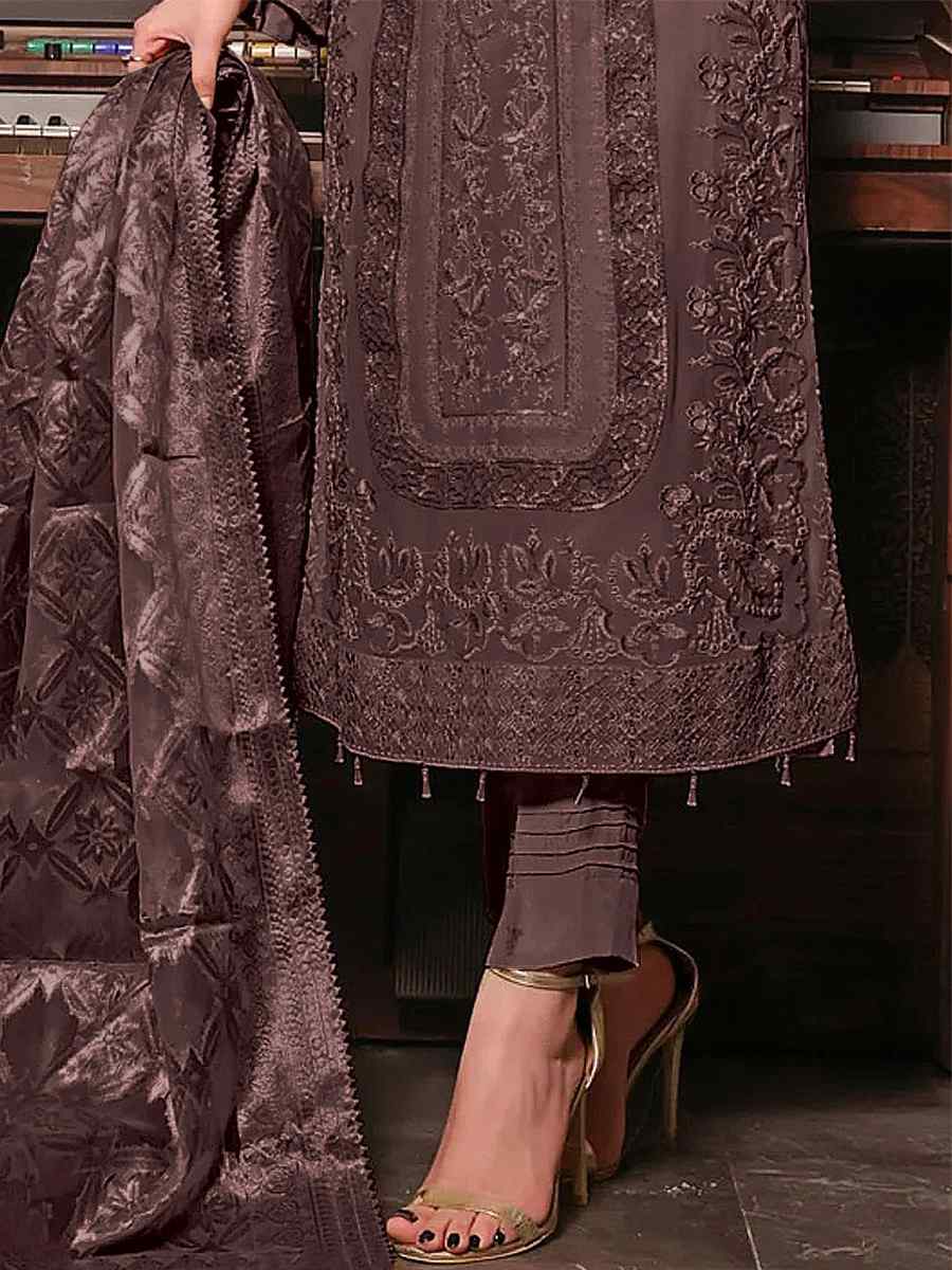 Dark Brown Heavy Faux Georgette Embroidered Festival Party Pant Salwar Kameez