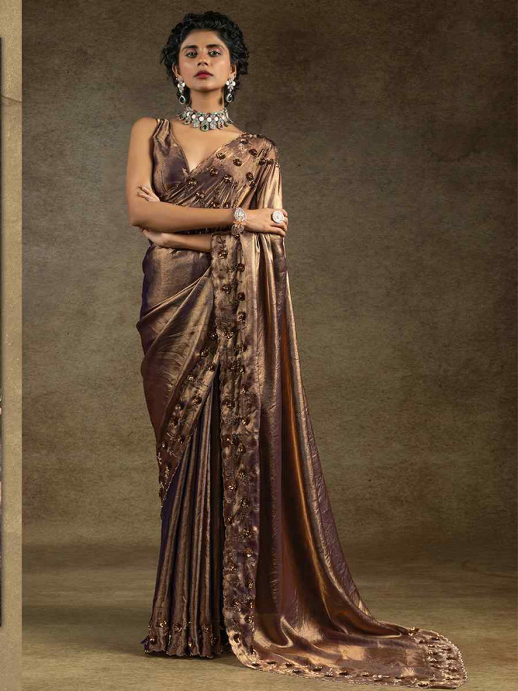 Dark Brown Satin Silk Embroidered Festival Wedding Fancy Heavy Border Saree