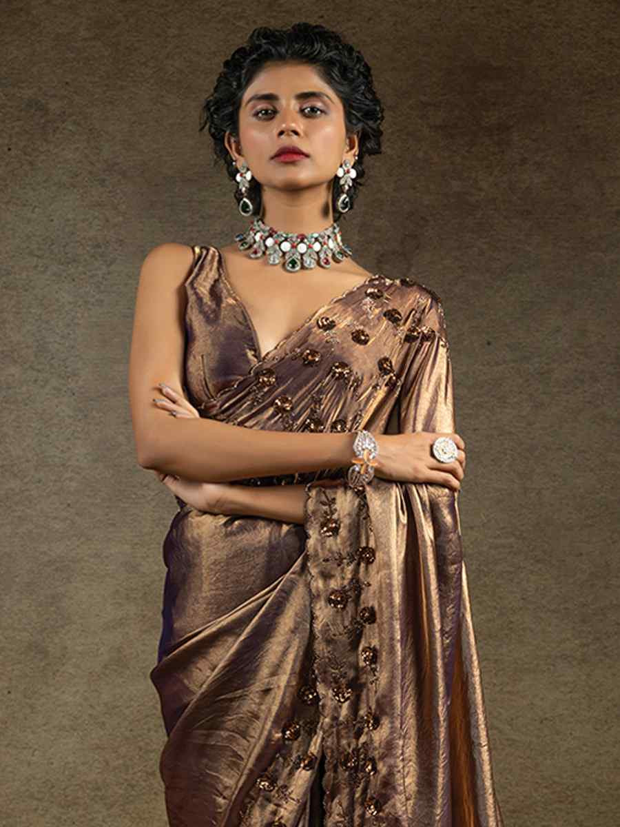 Dark Brown Satin Silk Embroidered Festival Wedding Fancy Heavy Border Saree