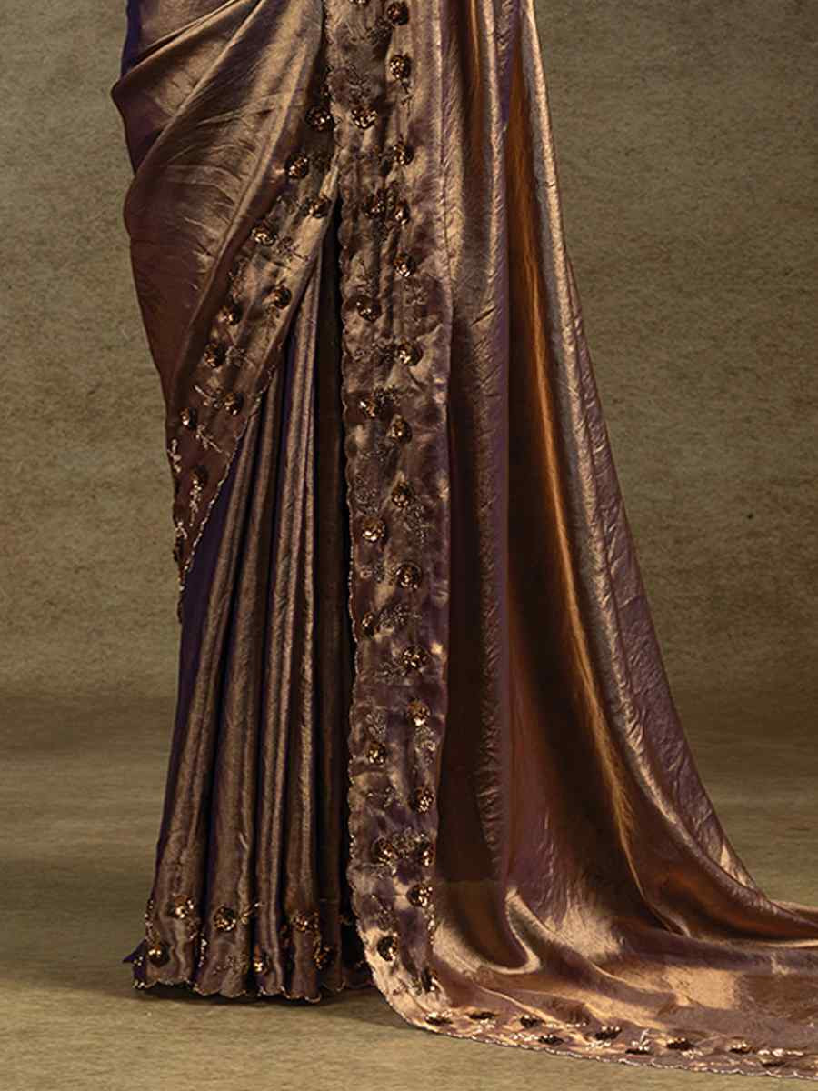 Dark Brown Satin Silk Embroidered Festival Wedding Fancy Heavy Border Saree