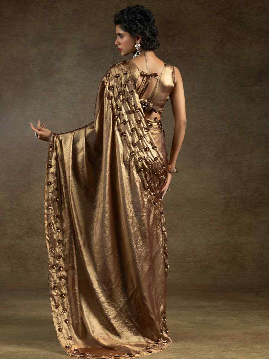 Dark Brown Satin Silk Embroidered Festival Wedding Fancy Heavy Border Saree