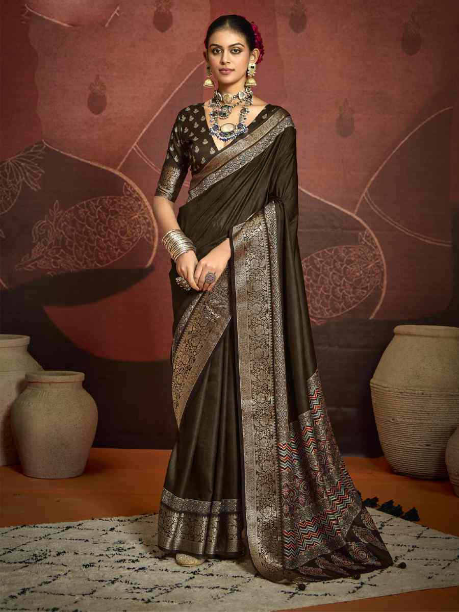 Dark Brown Silk Handwoven Festival Wedding Fancy Heavy Border Saree