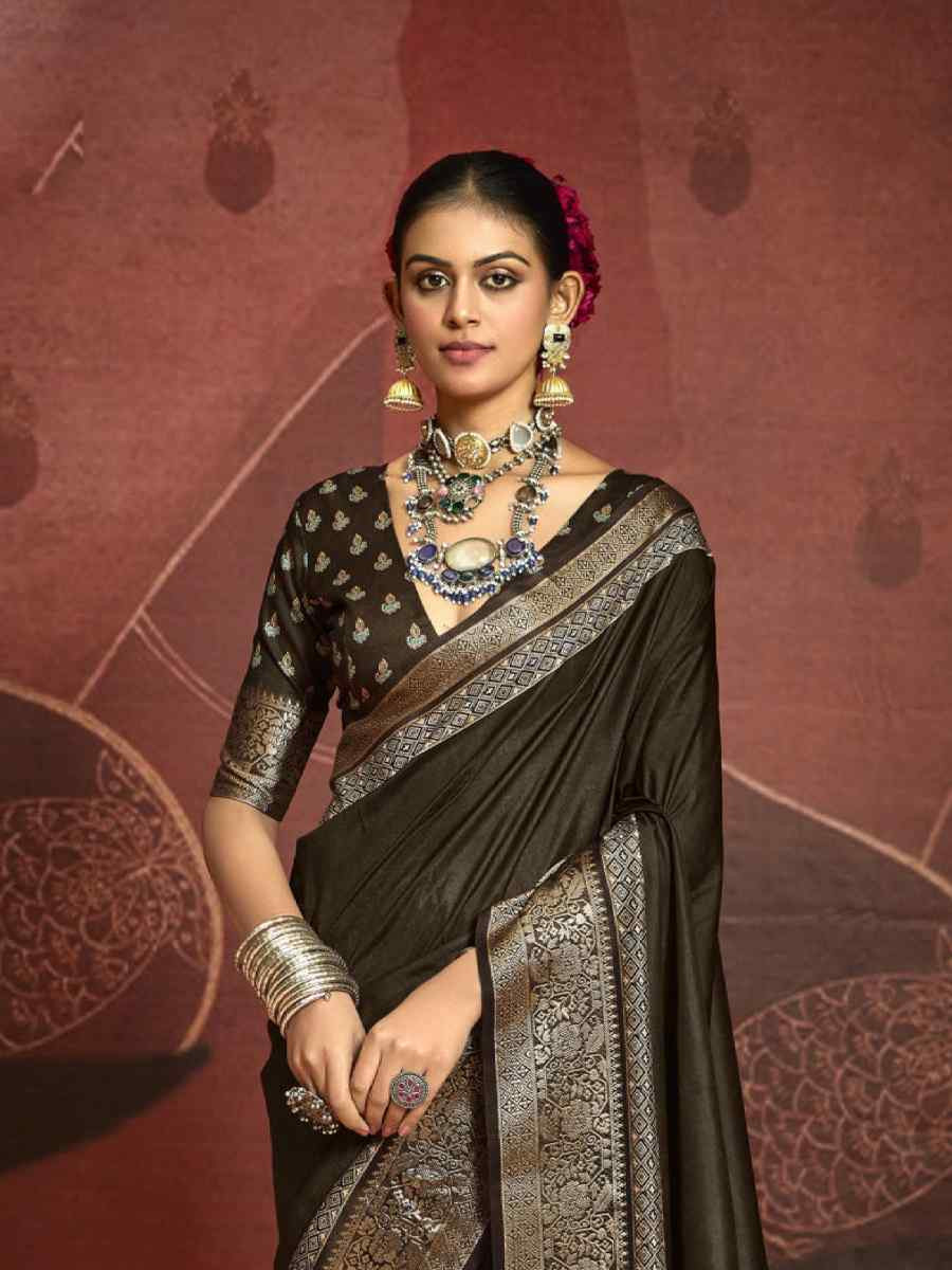 Dark Brown Silk Handwoven Festival Wedding Fancy Heavy Border Saree