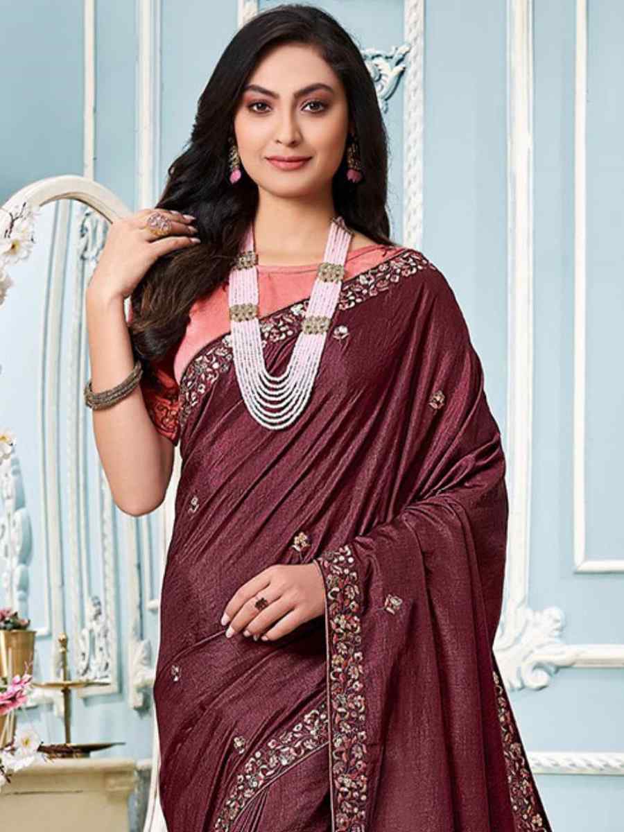Dark Coffee Vichitra Silk Embroidered Party Festival Classic Style Saree