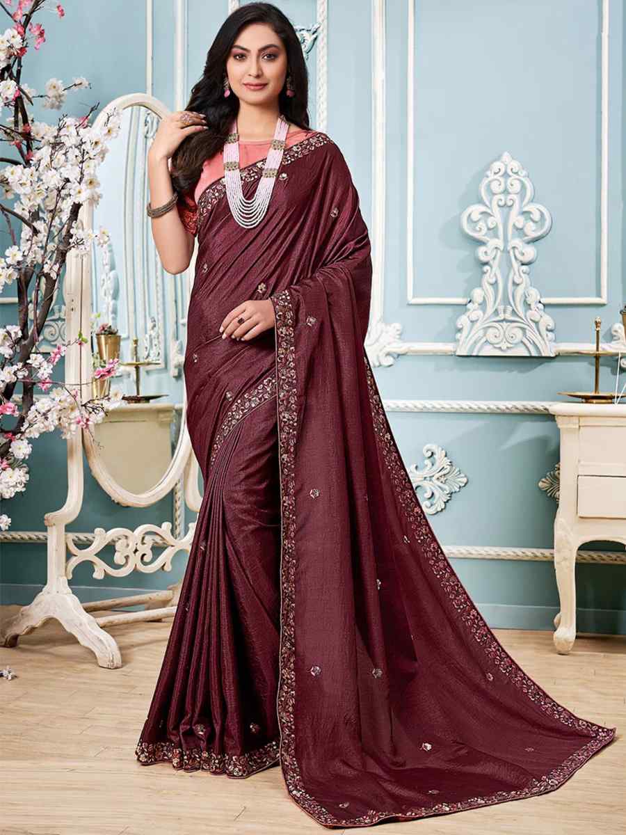 Dark Coffee Vichitra Silk Embroidered Party Festival Classic Style Saree