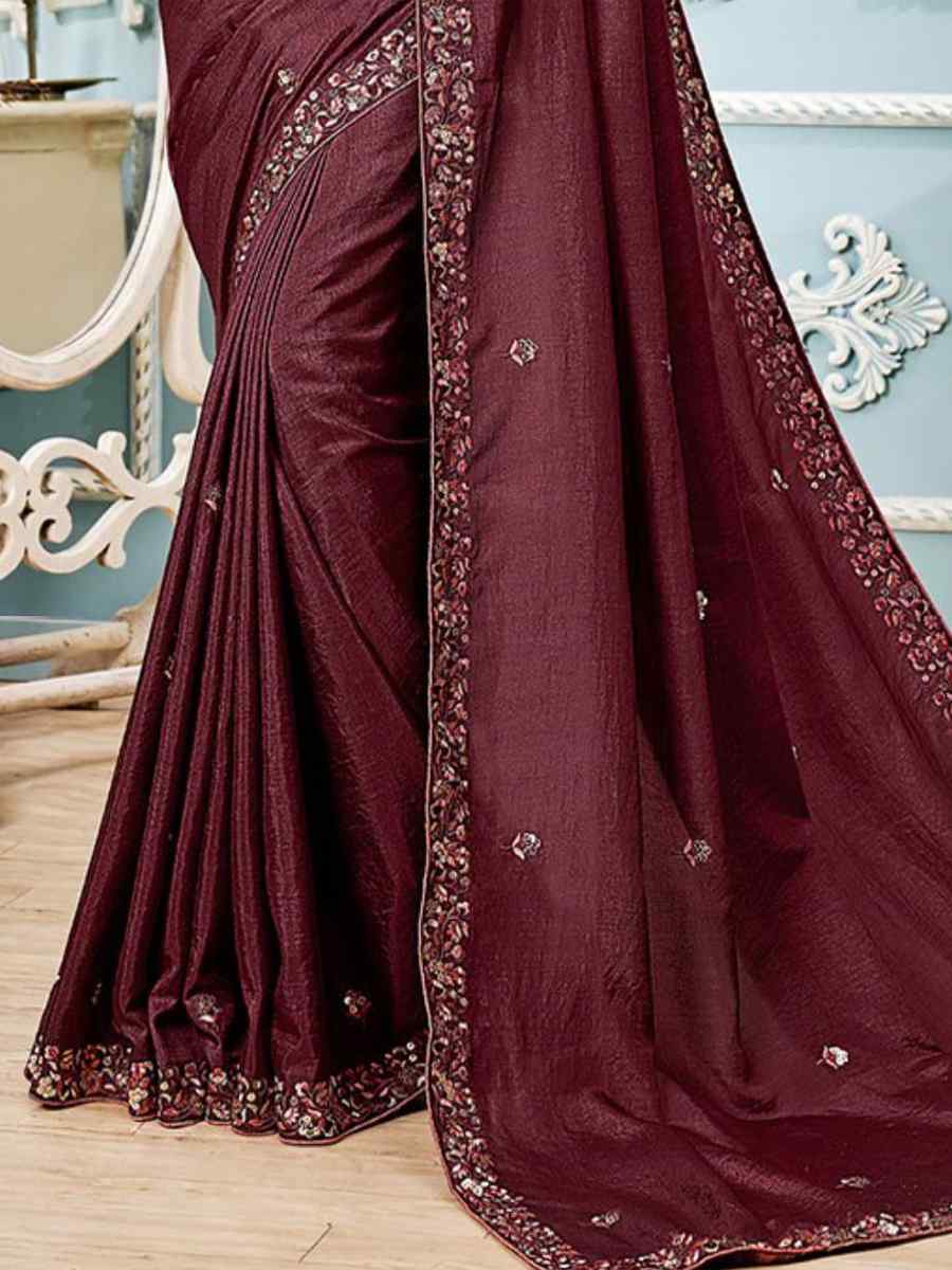 Dark Coffee Vichitra Silk Embroidered Party Festival Classic Style Saree