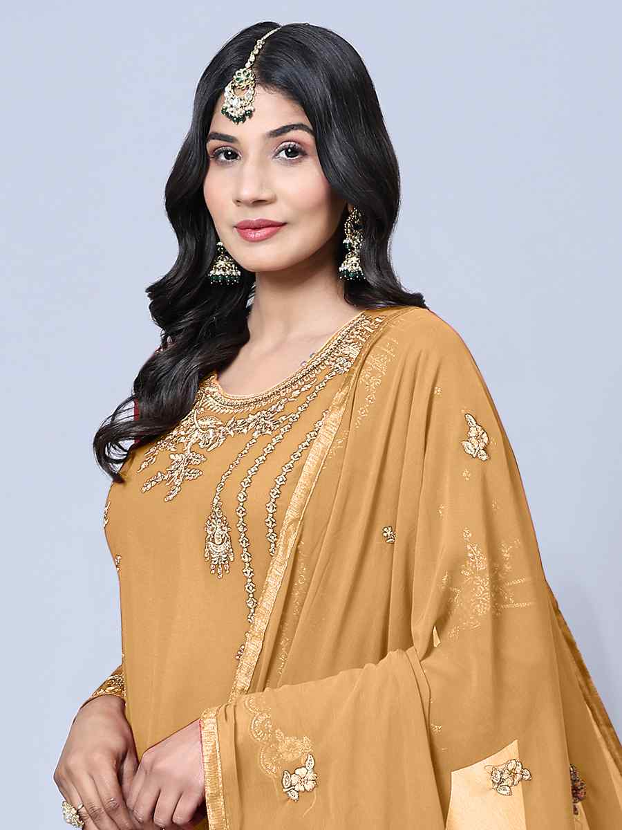 Dark Cream Georgette Embroidered Festival Wedding Pant Salwar Kameez