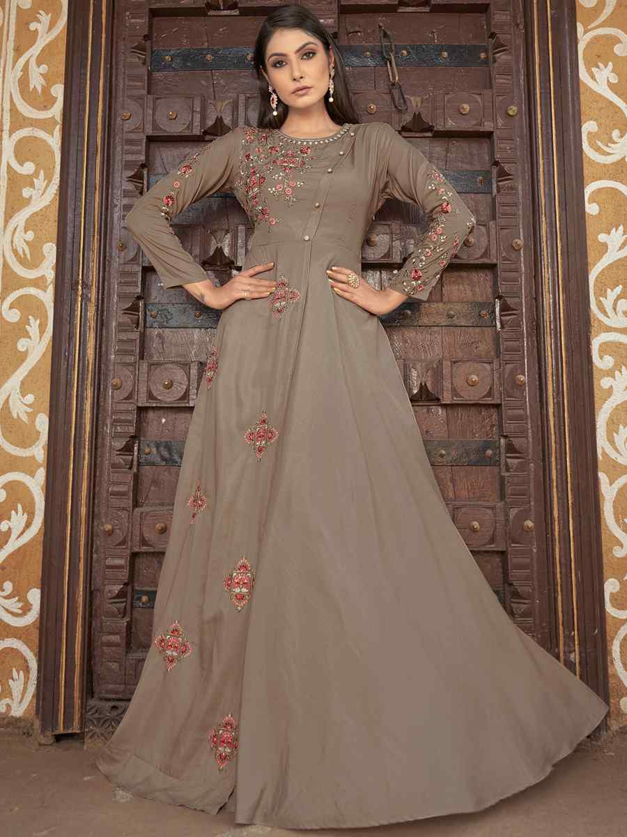 Dark Cream Heavy Maslin Embroidered Festival Party Gown