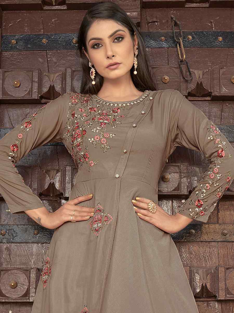 Dark Cream Heavy Maslin Embroidered Festival Party Gown