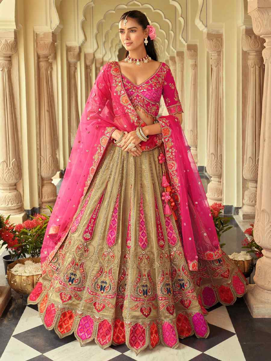 Dark Cream Heavy Pure Silk Embroidered Wedding Reception Festival Heavy Border Lehenga Choli