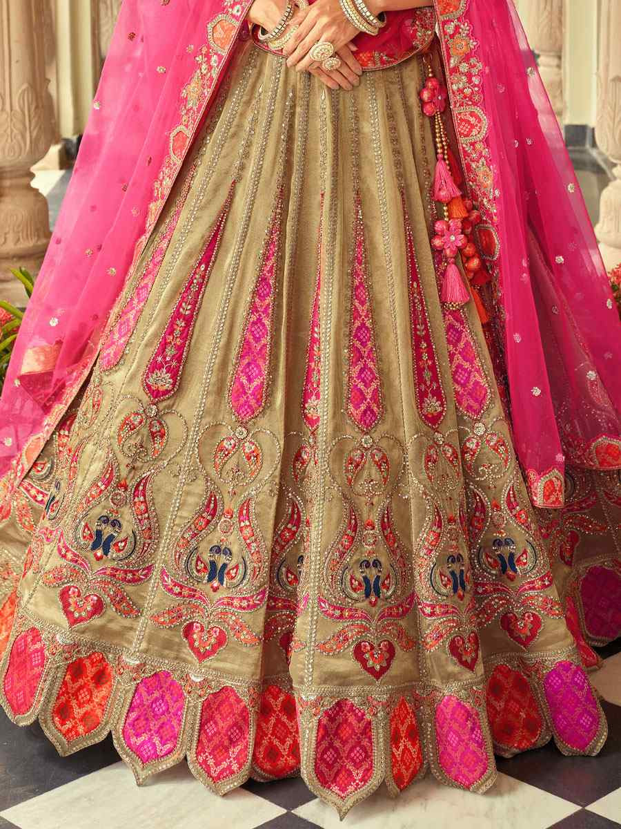 Dark Cream Heavy Pure Silk Embroidered Wedding Reception Festival Heavy Border Lehenga Choli