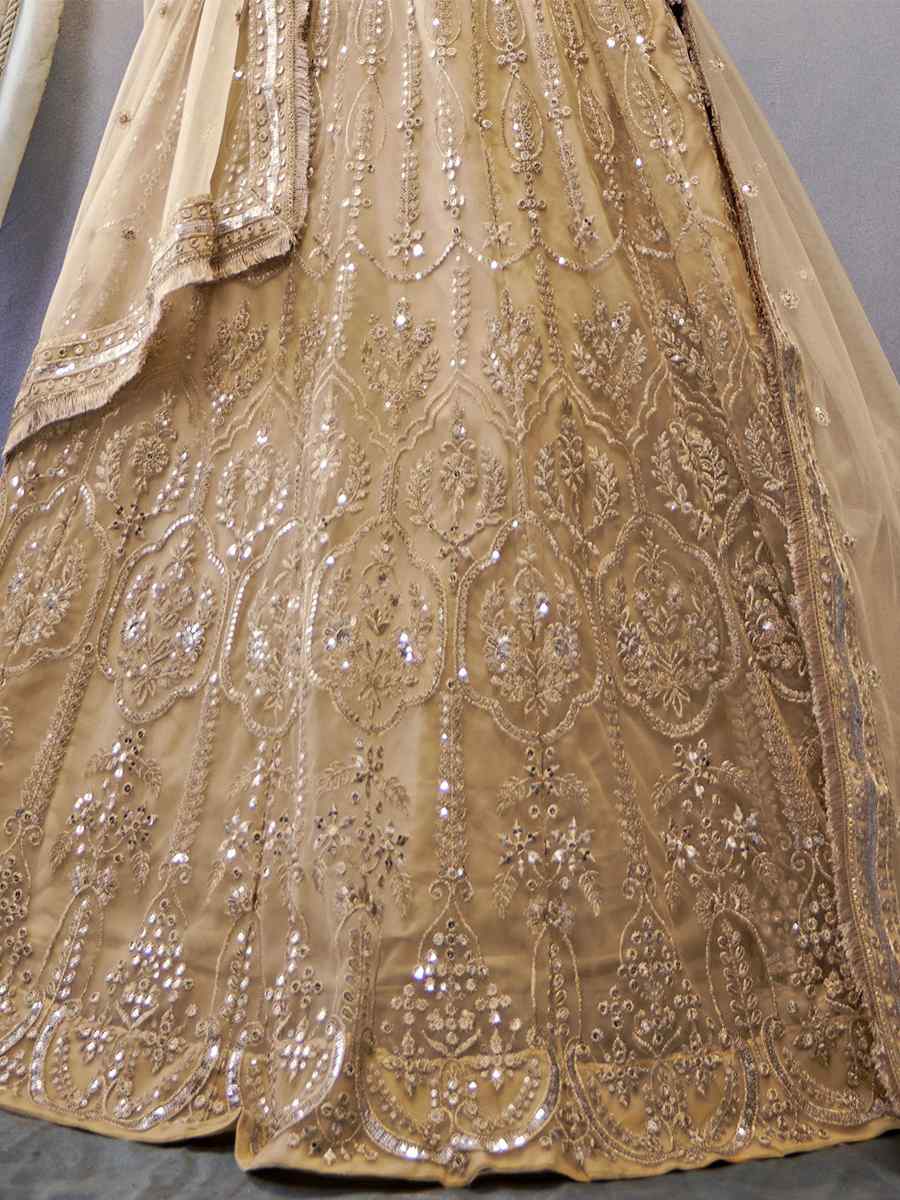 Dark Cream Premium Butterfly Net Embroidered Festival Wedding Heavy Border Lehenga Choli