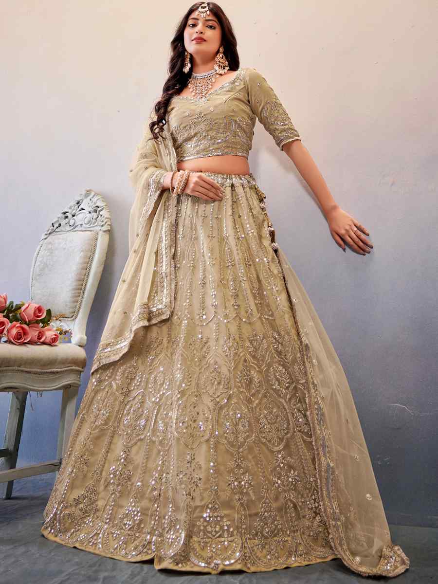 Dark Cream Premium Butterfly Net Embroidered Festival Wedding Heavy Border Lehenga Choli